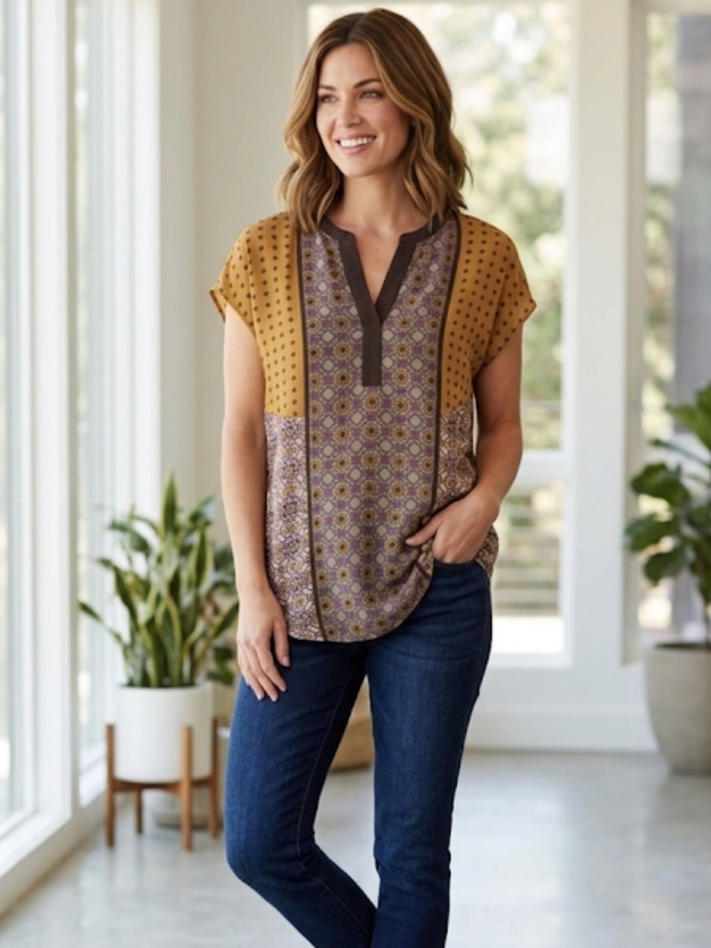â€ïž5/$25 Daniel Rainn Mustard and Purple Geometric Blouse Read